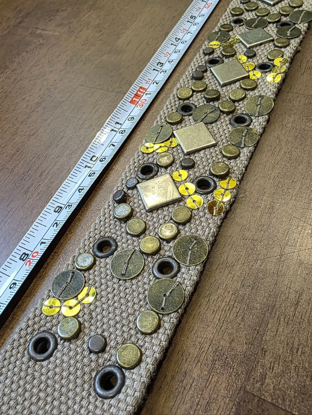 Boho Embellished Canvas Belt Taupe Brass Studded Sequin Size  S/M